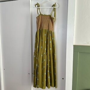 Amazon Olive Green Smocked Midi Dress with Blue Daisy Print